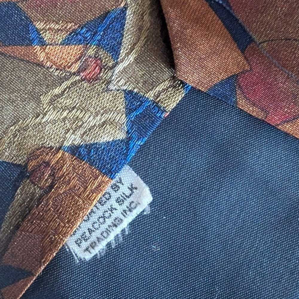 Ambassador Hand Made Silk Tie Mens Abstract Geometric Bronze Blue Peacock Silk - Picture 5 of 5